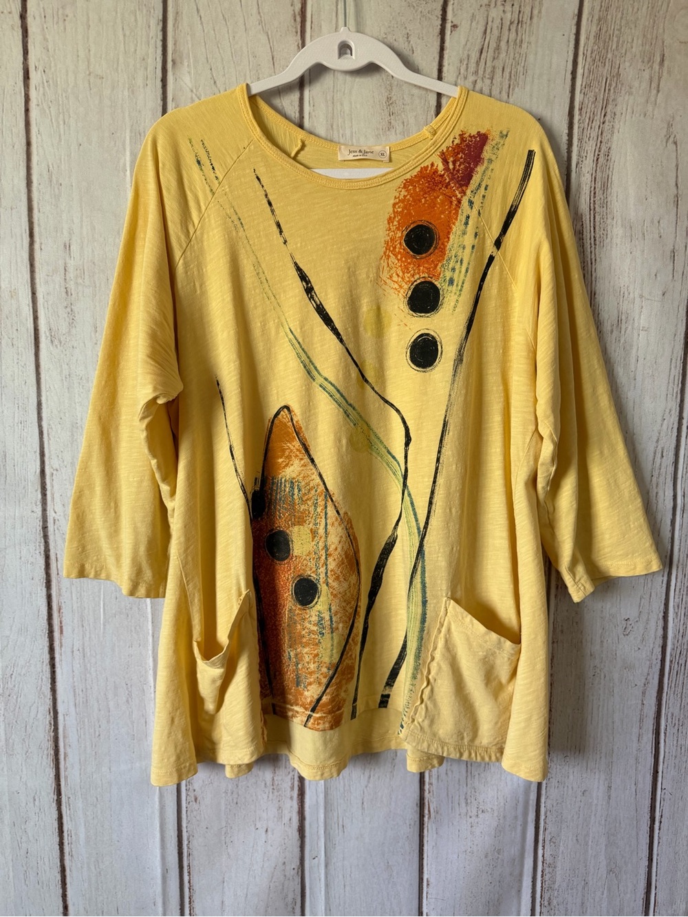 Jess & Jane Abstract Print 3/4 Sleeve Pocket Tunic Top 100% Cotton XL